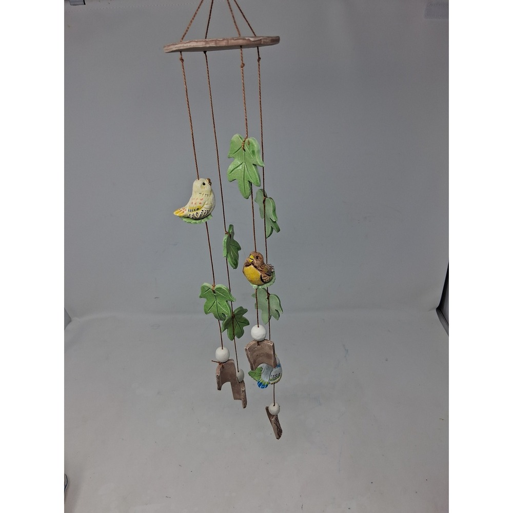 Vintage Ceramic Bird Wind Chime Hand Painted Garden Mobile Ivy Leaves Decor
